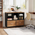 Cassettiera portadocumenti a 2 cassetti con ripiani aperti, mobile, assemblaggio da 1 persona, rovere/grigio/marrone