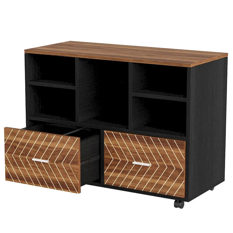 Cassettiera portadocumenti a 2 cassetti con ripiani aperti, mobile, assemblaggio da 1 persona, rovere/grigio/marrone