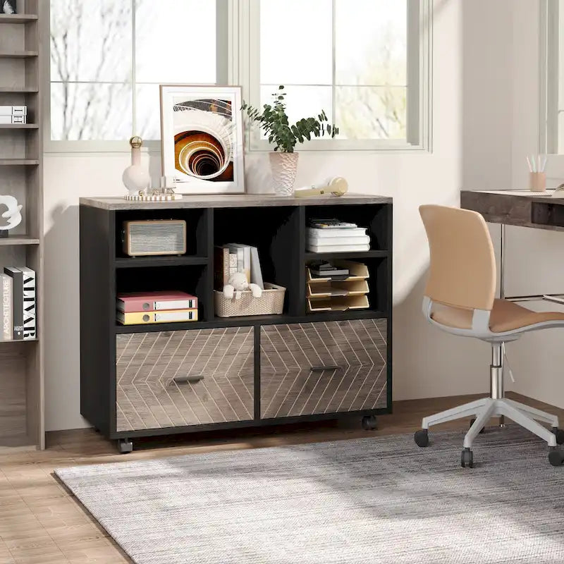 Cassettiera portadocumenti a 2 cassetti con ripiani aperti, mobile, assemblaggio da 1 persona, rovere/grigio/marrone