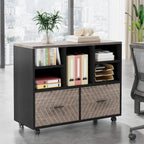 Cassettiera portadocumenti a 2 cassetti con ripiani aperti, mobile, assemblaggio da 1 persona, rovere/grigio/marrone