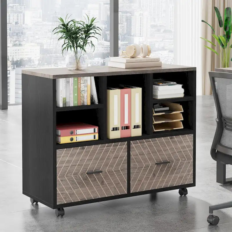 Cassettiera portadocumenti a 2 cassetti con ripiani aperti, mobile, assemblaggio da 1 persona, rovere/grigio/marrone