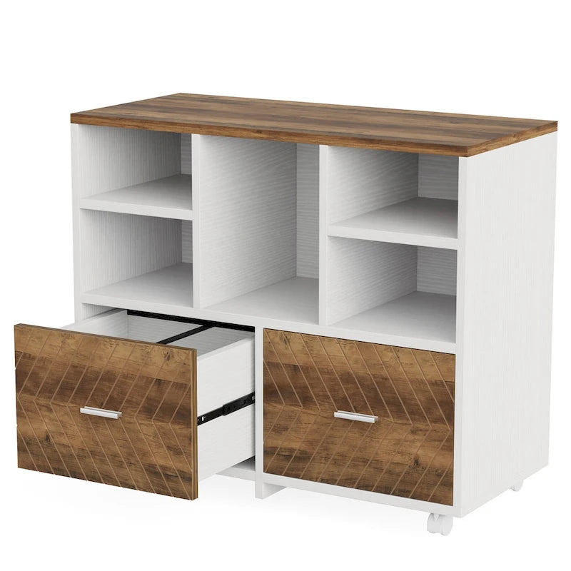Cassettiera portadocumenti a 2 cassetti con ripiani aperti, mobile, assemblaggio da 1 persona, rovere/grigio/marrone