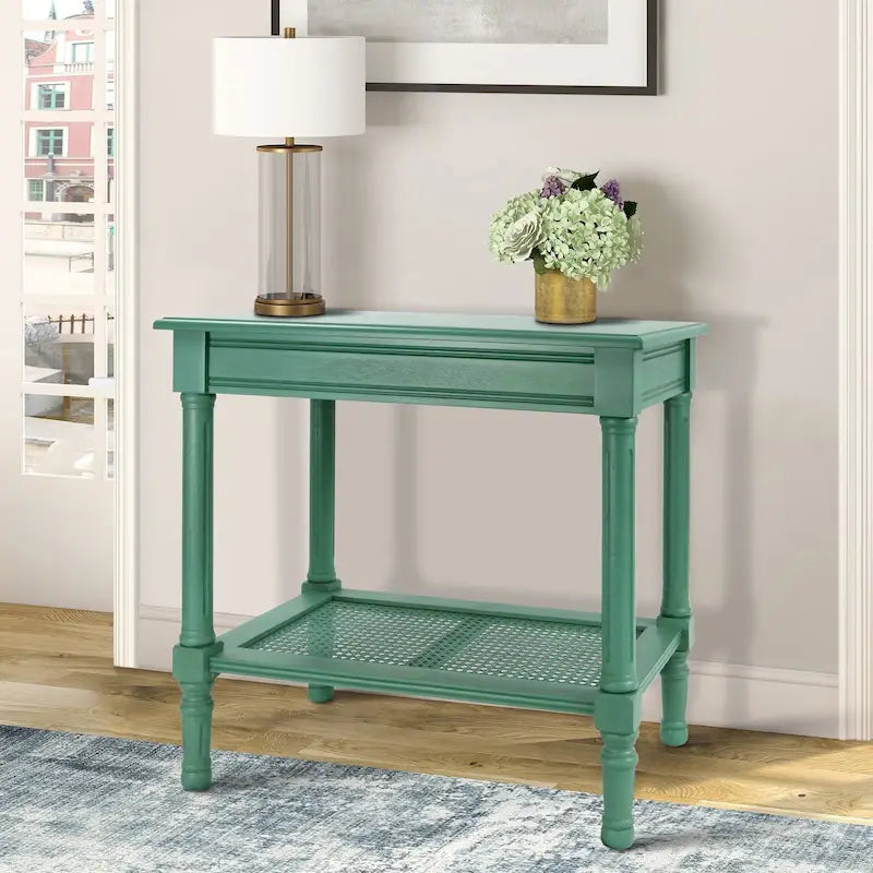 Tavolino laterale in legno con ripiano inferiore – Teal, nero, crema, ciliegia, grigio vintage, Winter Melody