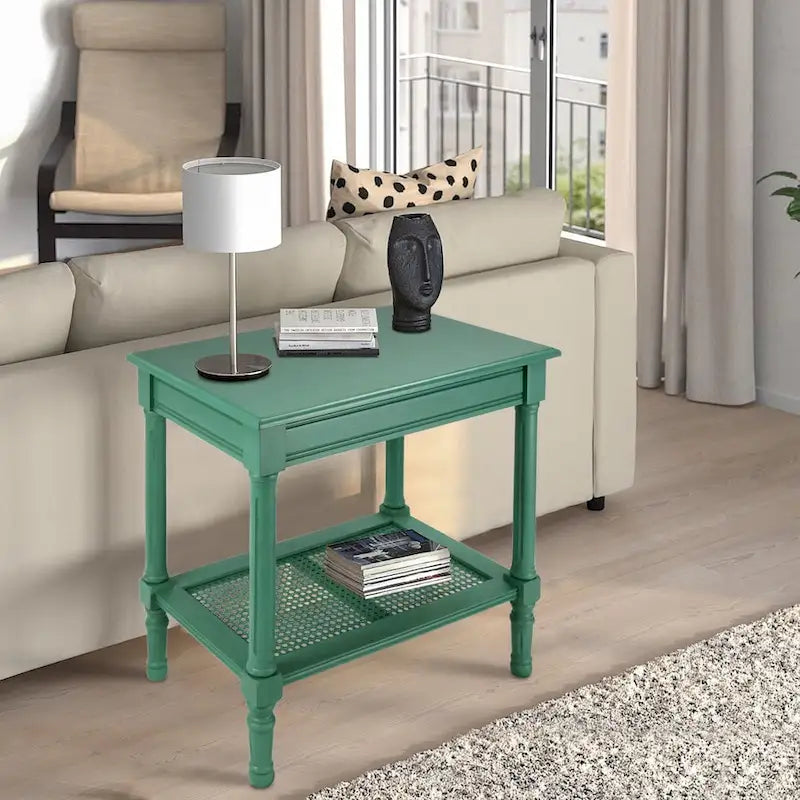 Tavolino laterale in legno con ripiano inferiore – Teal, nero, crema, ciliegia, grigio vintage, Winter Melody