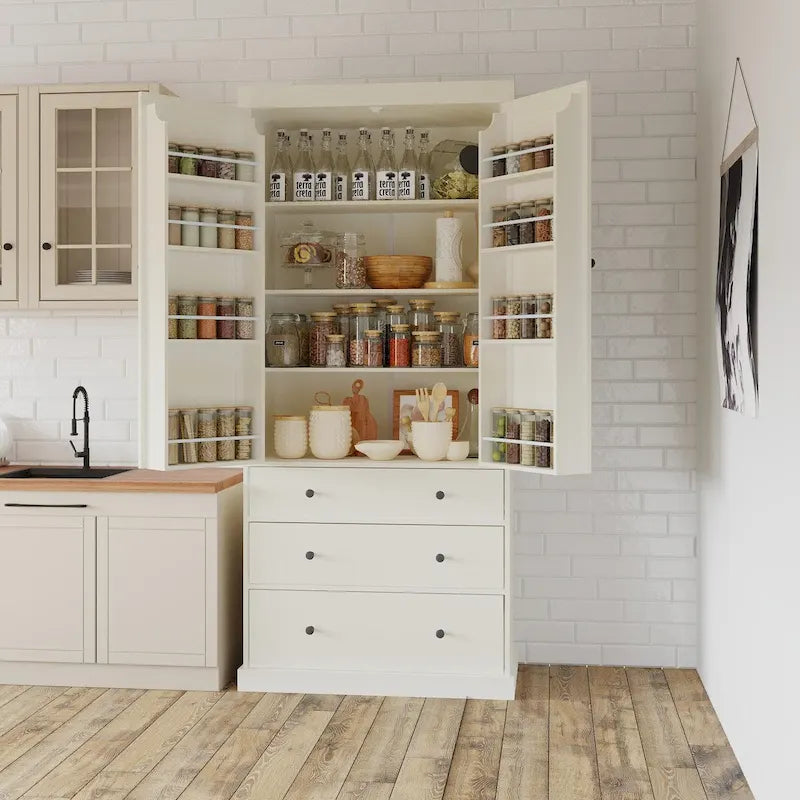 Dispensa da cucina a colonna crema/bianca, 3 cassetti e 8 ripiani ad anta, altezza 195 cm
