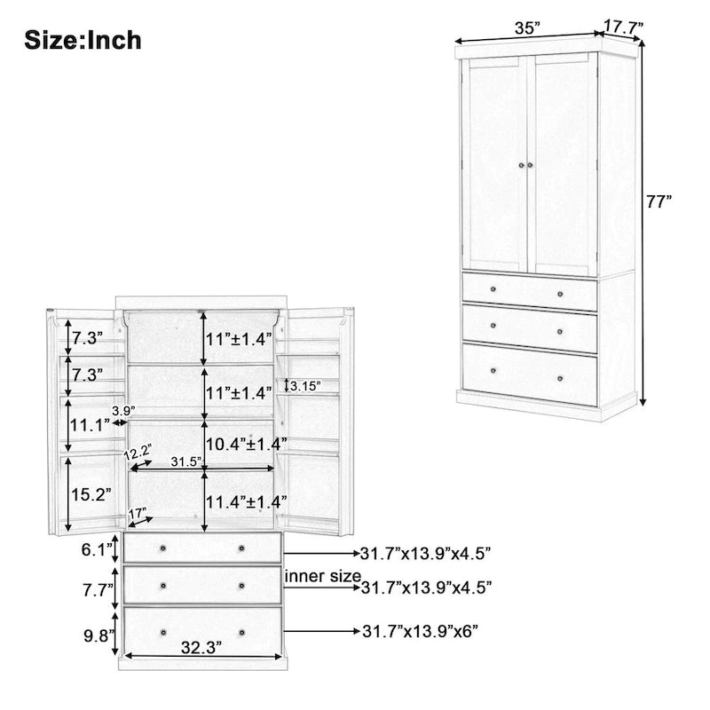 Dispensa da cucina a colonna crema/bianca, 3 cassetti e 8 ripiani ad anta, altezza 195 cm