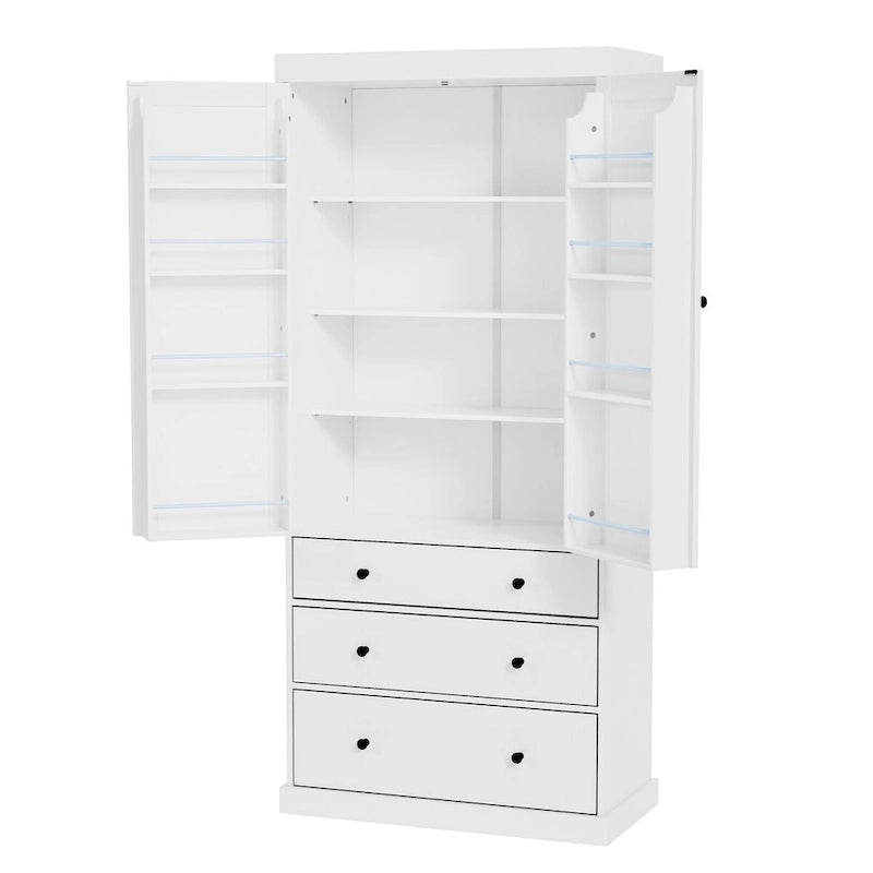 Dispensa da cucina a colonna crema/bianca, 3 cassetti e 8 ripiani ad anta, altezza 195 cm