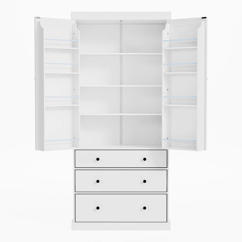 Dispensa da cucina a colonna crema/bianca, 3 cassetti e 8 ripiani ad anta, altezza 195 cm