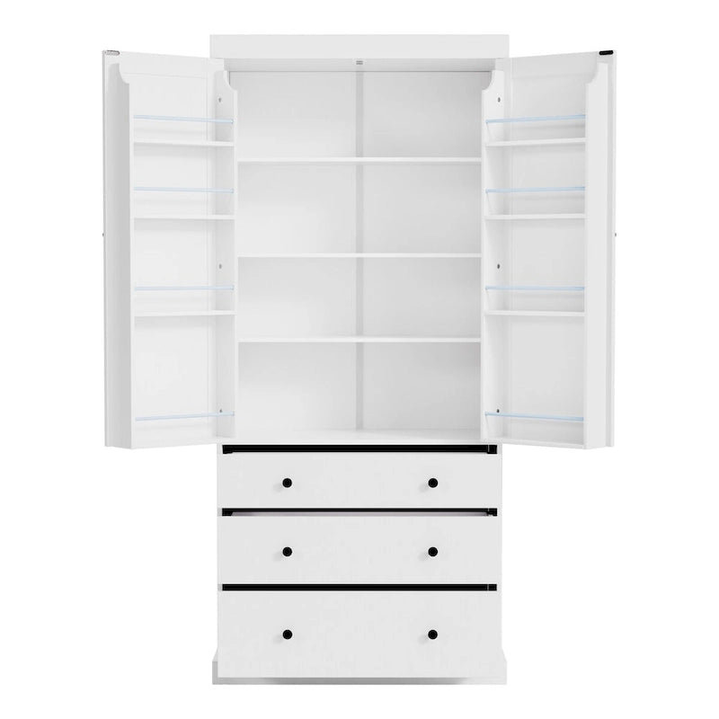 Dispensa da cucina a colonna crema/bianca, 3 cassetti e 8 ripiani ad anta, altezza 195 cm