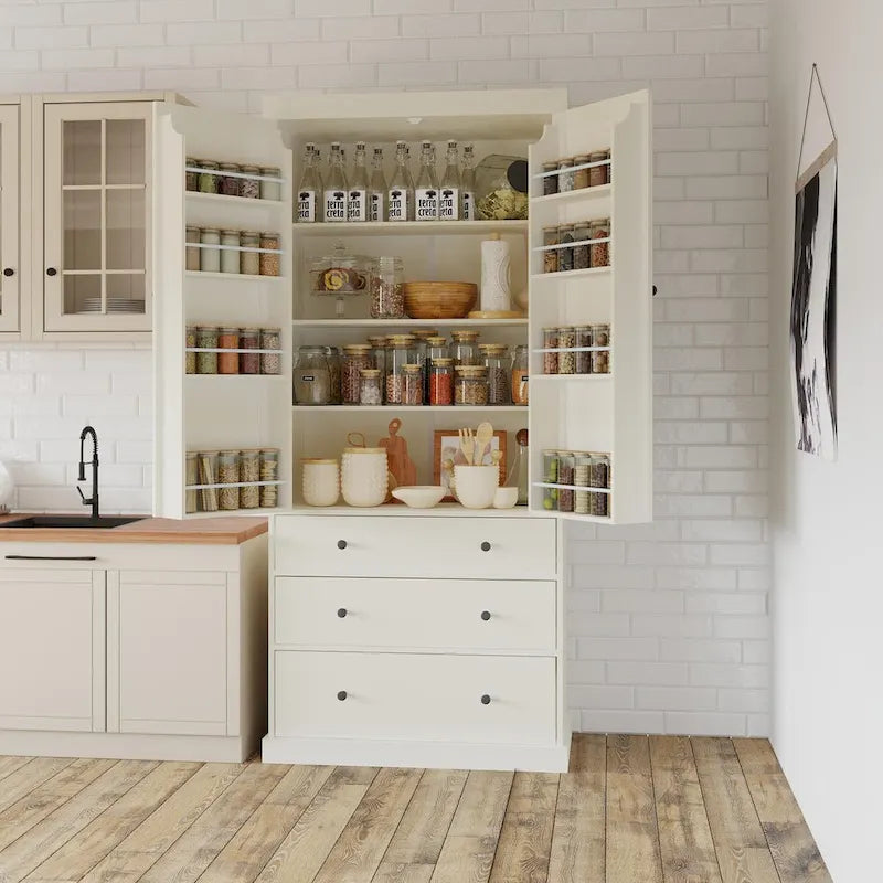 Dispensa da cucina a colonna crema/bianca, 3 cassetti e 8 ripiani ad anta, altezza 195 cm
