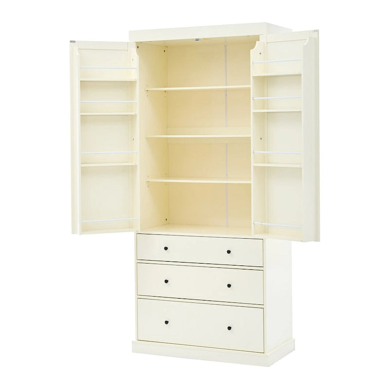 Dispensa da cucina a colonna crema/bianca, 3 cassetti e 8 ripiani ad anta, altezza 195 cm