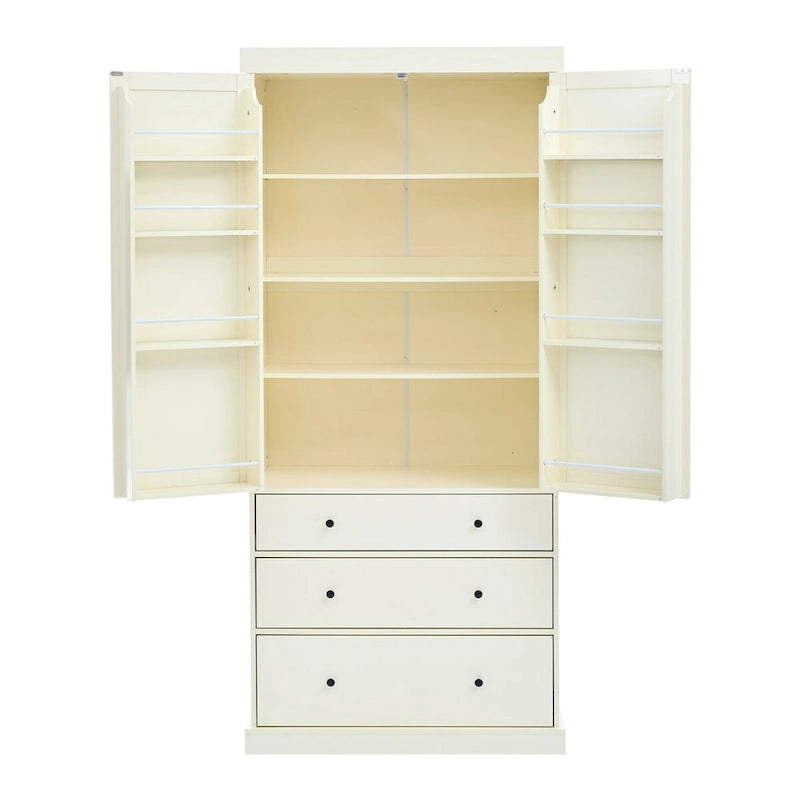 Dispensa da cucina a colonna crema/bianca, 3 cassetti e 8 ripiani ad anta, altezza 195 cm