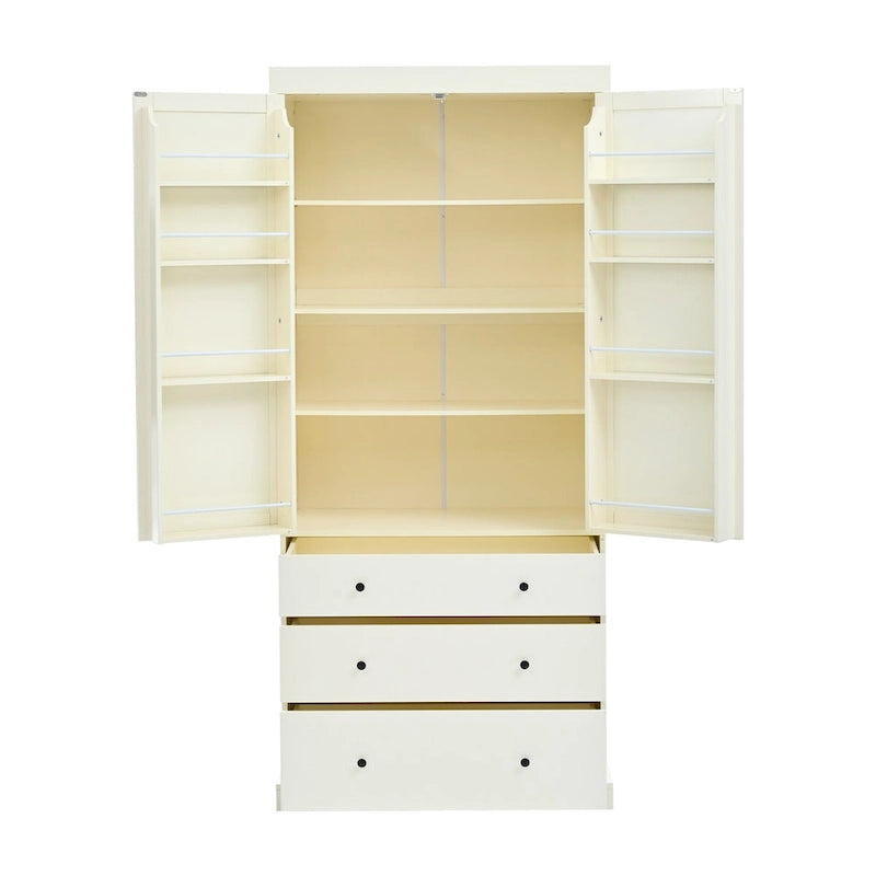 Dispensa da cucina a colonna crema/bianca, 3 cassetti e 8 ripiani ad anta, altezza 195 cm