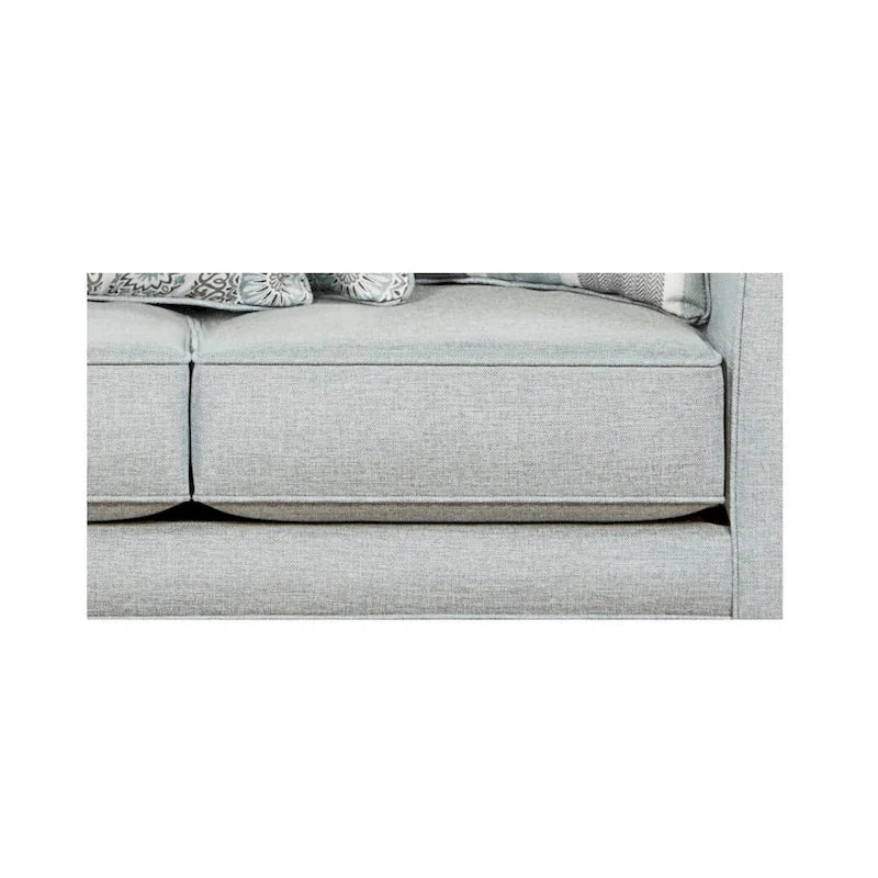Divano a tre posti con braccioli rotondi, azzurro/grigio