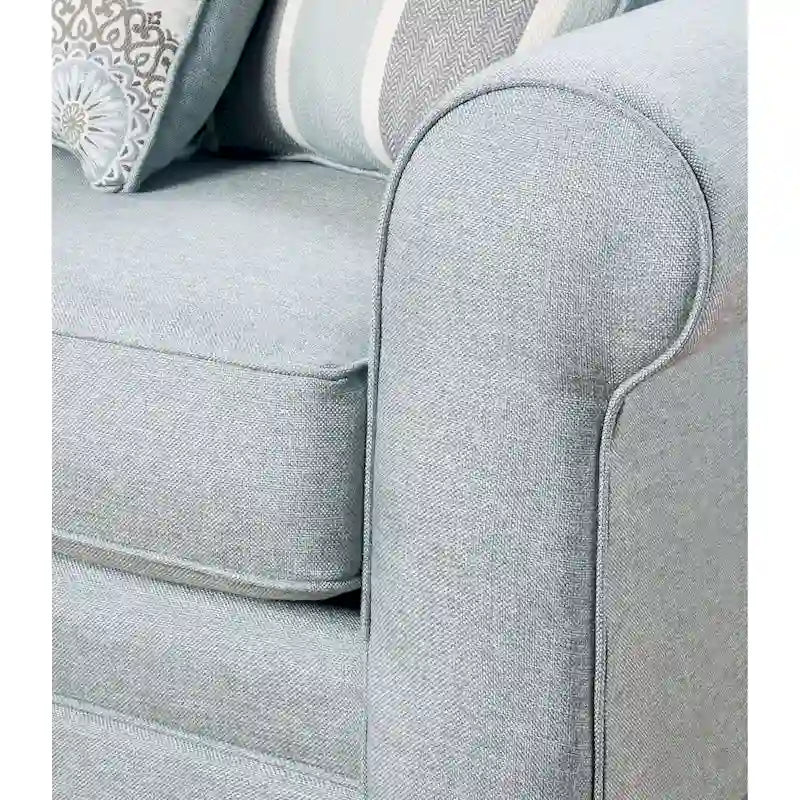 Divano a tre posti con braccioli rotondi, azzurro/grigio
