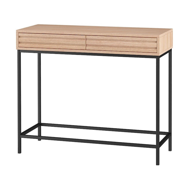 Consolle Mid-Century in Rovere e Noce con 2 Cassetti, Gambe in Metallo Nero