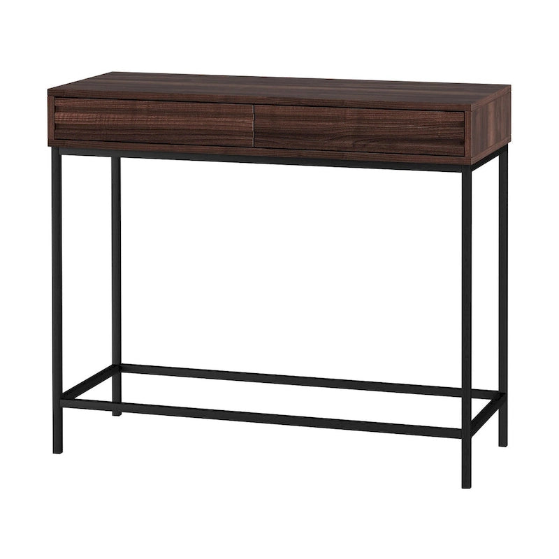 Consolle Mid-Century in Rovere e Noce con 2 Cassetti, Gambe in Metallo Nero