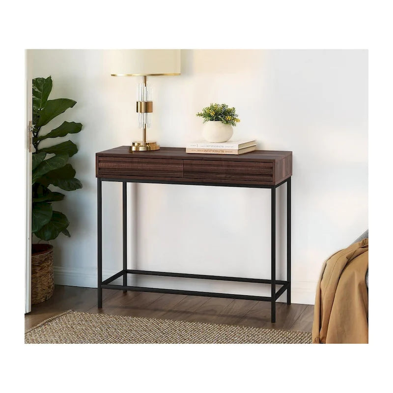 Consolle Mid-Century in Rovere e Noce con 2 Cassetti, Gambe in Metallo Nero