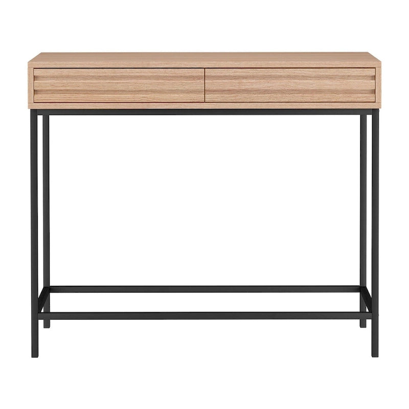 Consolle Mid-Century in Rovere e Noce con 2 Cassetti, Gambe in Metallo Nero