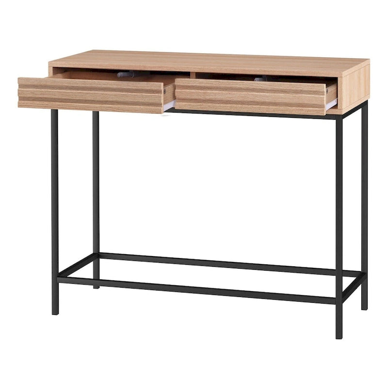 Consolle Mid-Century in Rovere e Noce con 2 Cassetti, Gambe in Metallo Nero