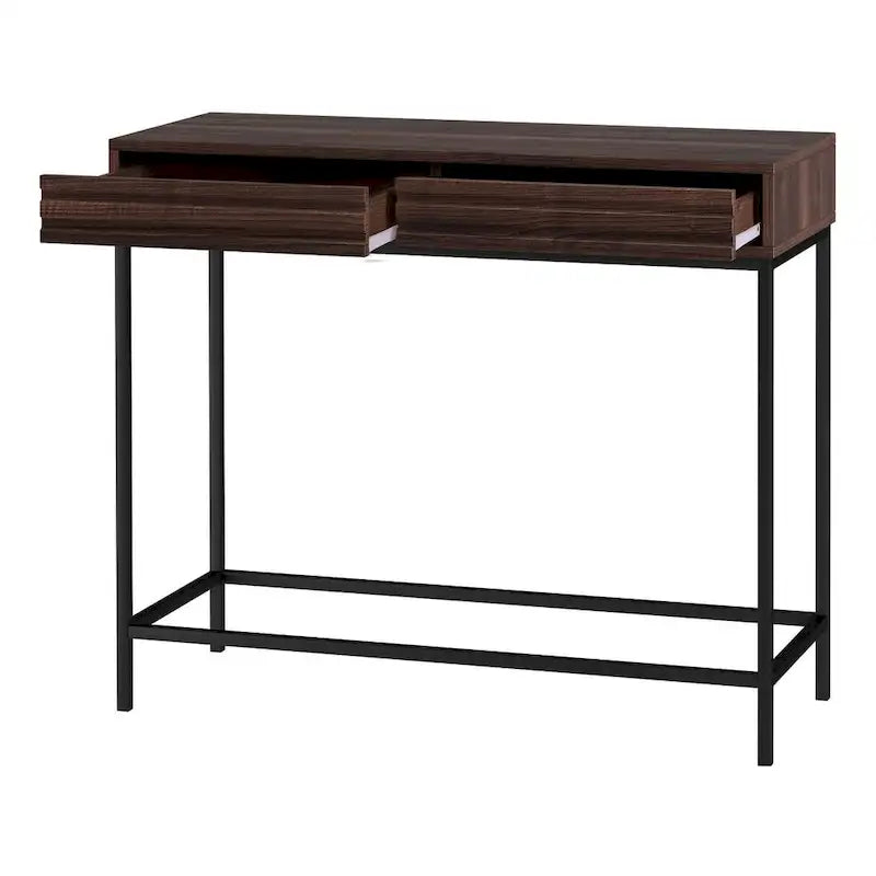 Consolle Mid-Century in Rovere e Noce con 2 Cassetti, Gambe in Metallo Nero