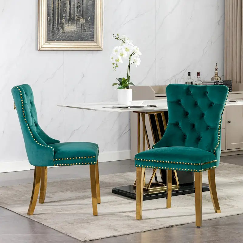 Sedie da pranzo in velluto con borchie, set da 2 – Rosso / Giallo / Beige / Grigio / Blu / Nero / Verde