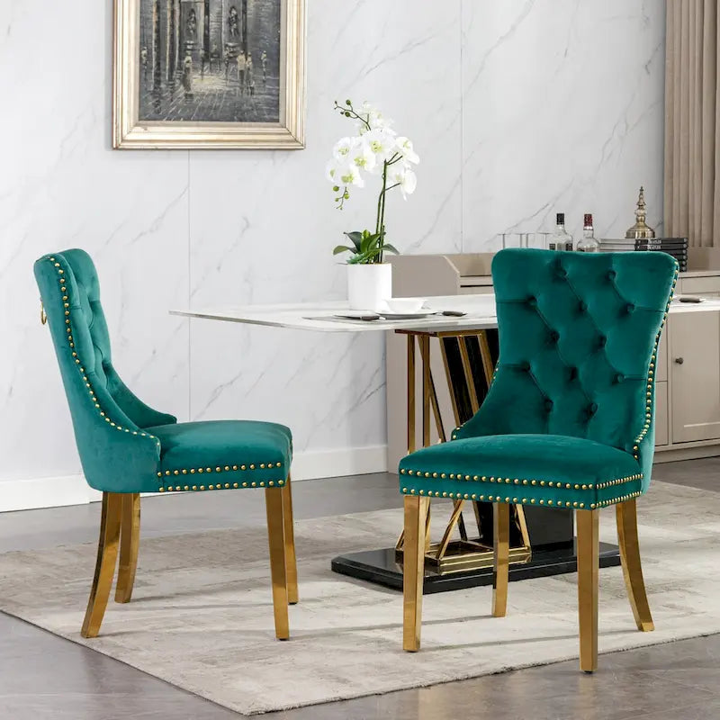 Sedie da pranzo in velluto con borchie, set da 2 – Rosso / Giallo / Beige / Grigio / Blu / Nero / Verde