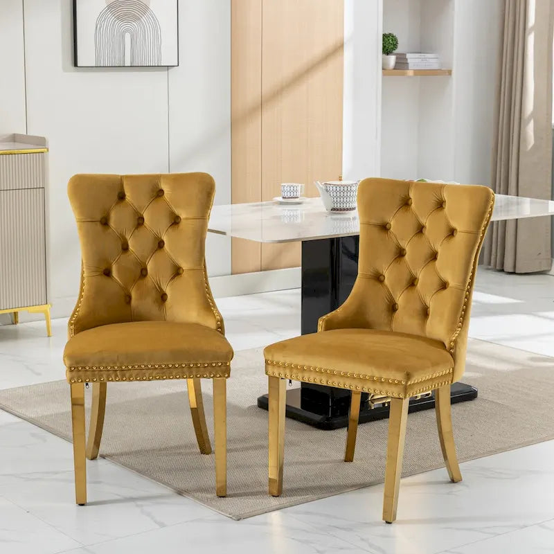 Sedie da pranzo in velluto con borchie, set da 2 – Rosso / Giallo / Beige / Grigio / Blu / Nero / Verde