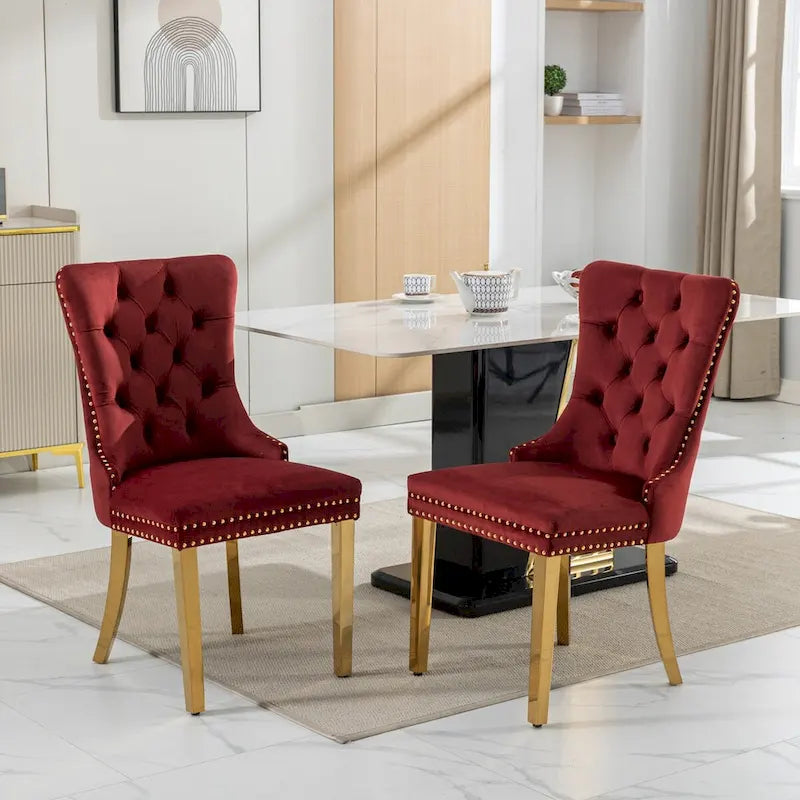 Sedie da pranzo in velluto con borchie, set da 2 – Rosso / Giallo / Beige / Grigio / Blu / Nero / Verde