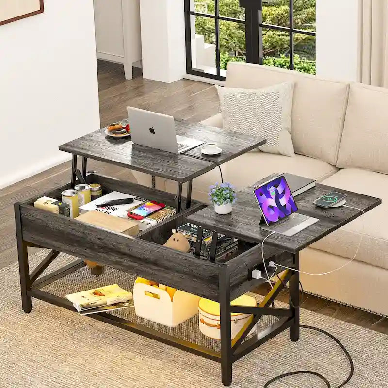 Marrone rustico / Rovere grigio / Nero / Noce | Tavolino da caffè con doppio piano sollevabile | 2 persone