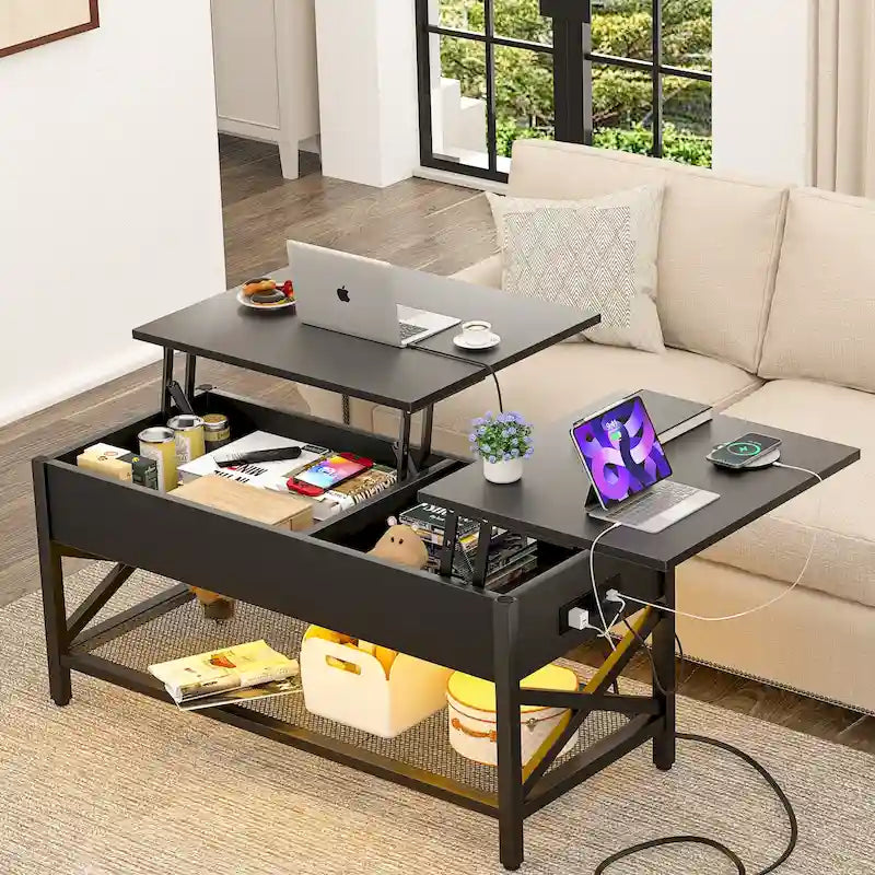 Marrone rustico / Rovere grigio / Nero / Noce | Tavolino da caffè con doppio piano sollevabile | 2 persone