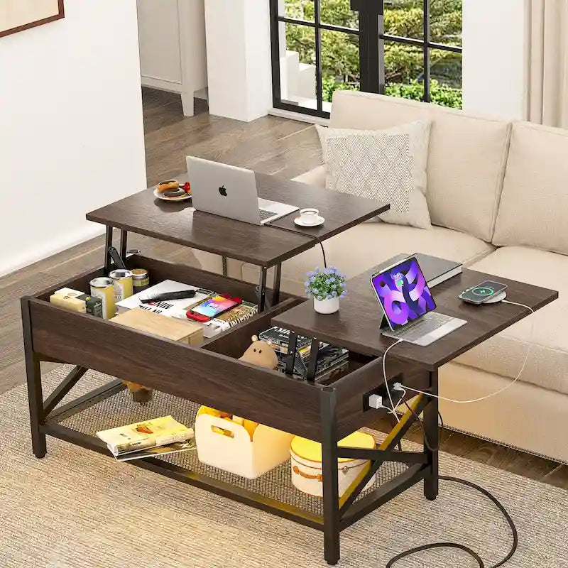 Marrone rustico / Rovere grigio / Nero / Noce | Tavolino da caffè con doppio piano sollevabile | 2 persone