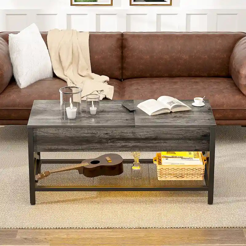 Marrone rustico / Rovere grigio / Nero / Noce | Tavolino da caffè con doppio piano sollevabile | 2 persone