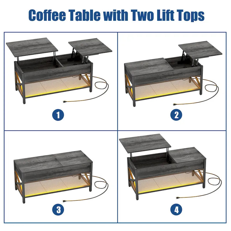 Marrone rustico / Rovere grigio / Nero / Noce | Tavolino da caffè con doppio piano sollevabile | 2 persone