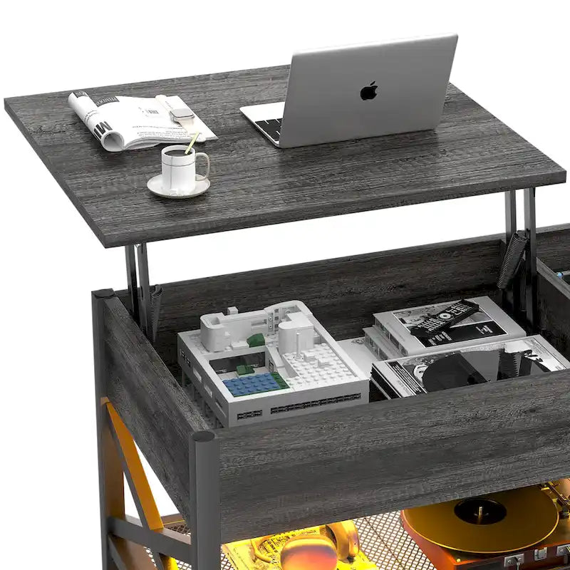 Marrone rustico / Rovere grigio / Nero / Noce | Tavolino da caffè con doppio piano sollevabile | 2 persone