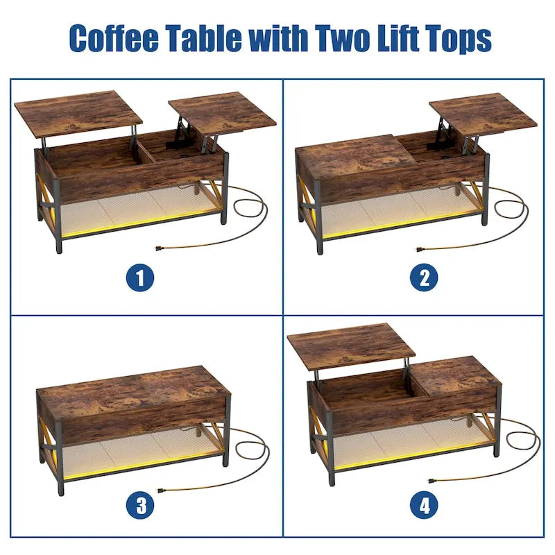 Marrone rustico / Rovere grigio / Nero / Noce | Tavolino da caffè con doppio piano sollevabile | 2 persone