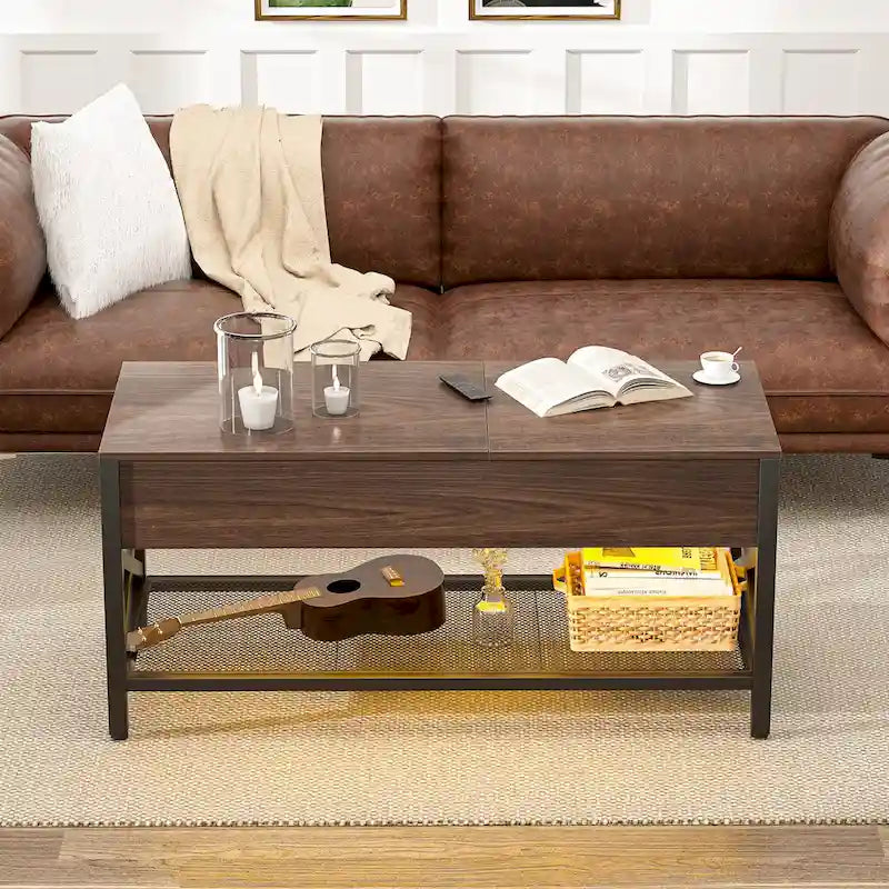 Marrone rustico / Rovere grigio / Nero / Noce | Tavolino da caffè con doppio piano sollevabile | 2 persone