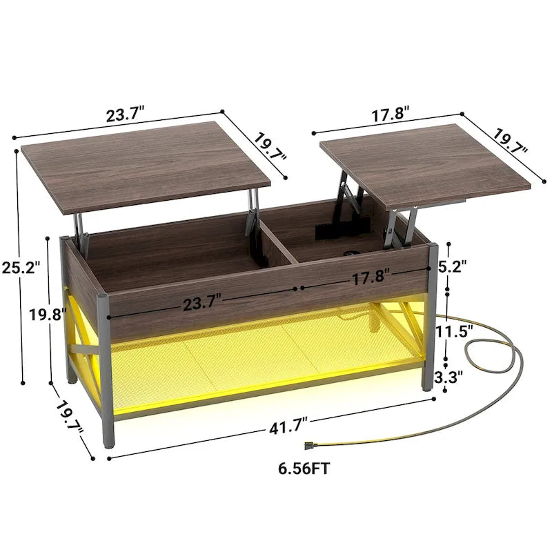 Marrone rustico / Rovere grigio / Nero / Noce | Tavolino da caffè con doppio piano sollevabile | 2 persone