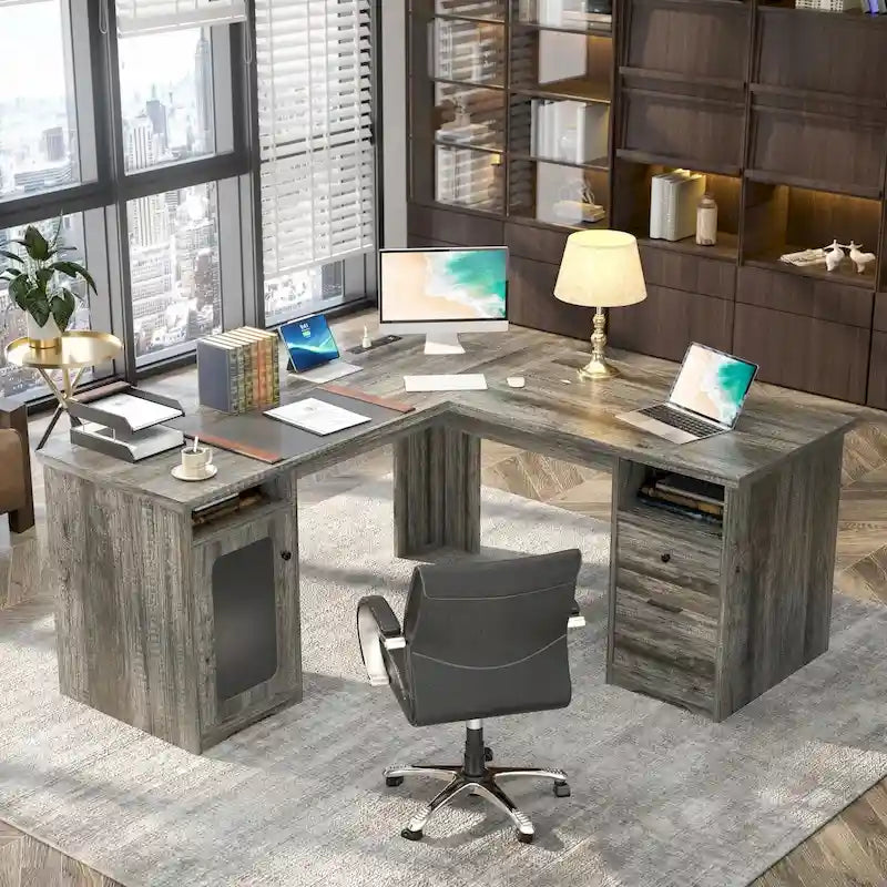 Scrivania a L con contenitore e ricarica – Rovere Grigio / Noce Grigio / Rovere Rosso / Nero / Marrone Rustico / Noce Enoch / Bianco, Singolo