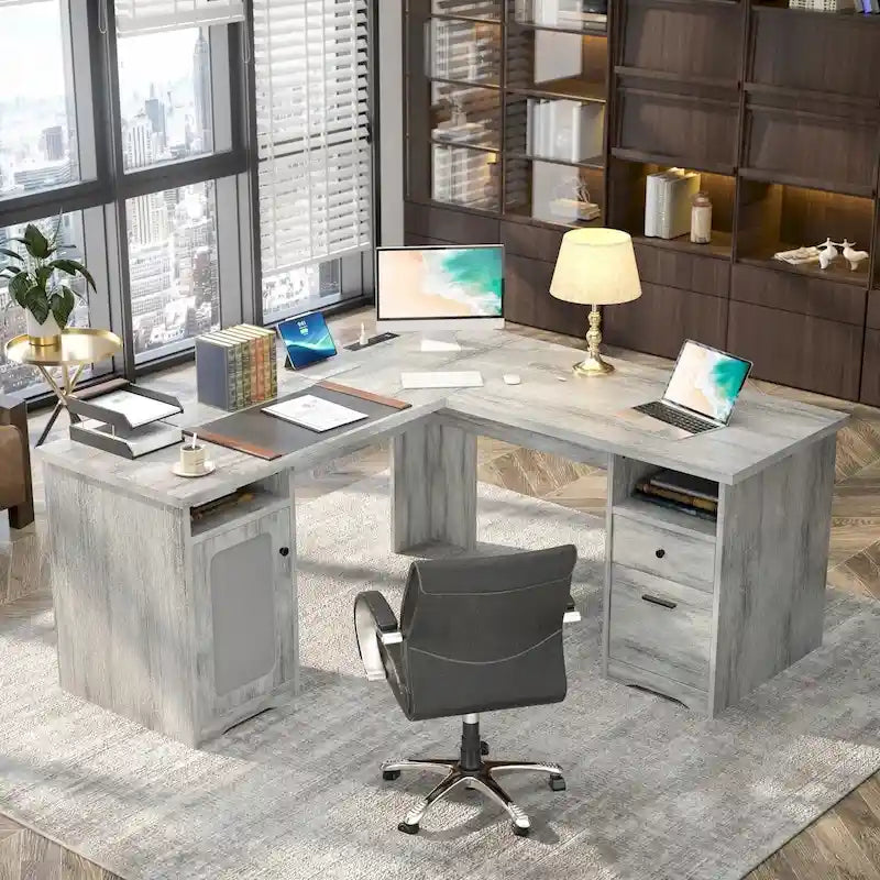 Scrivania a L con contenitore e ricarica – Rovere Grigio / Noce Grigio / Rovere Rosso / Nero / Marrone Rustico / Noce Enoch / Bianco, Singolo