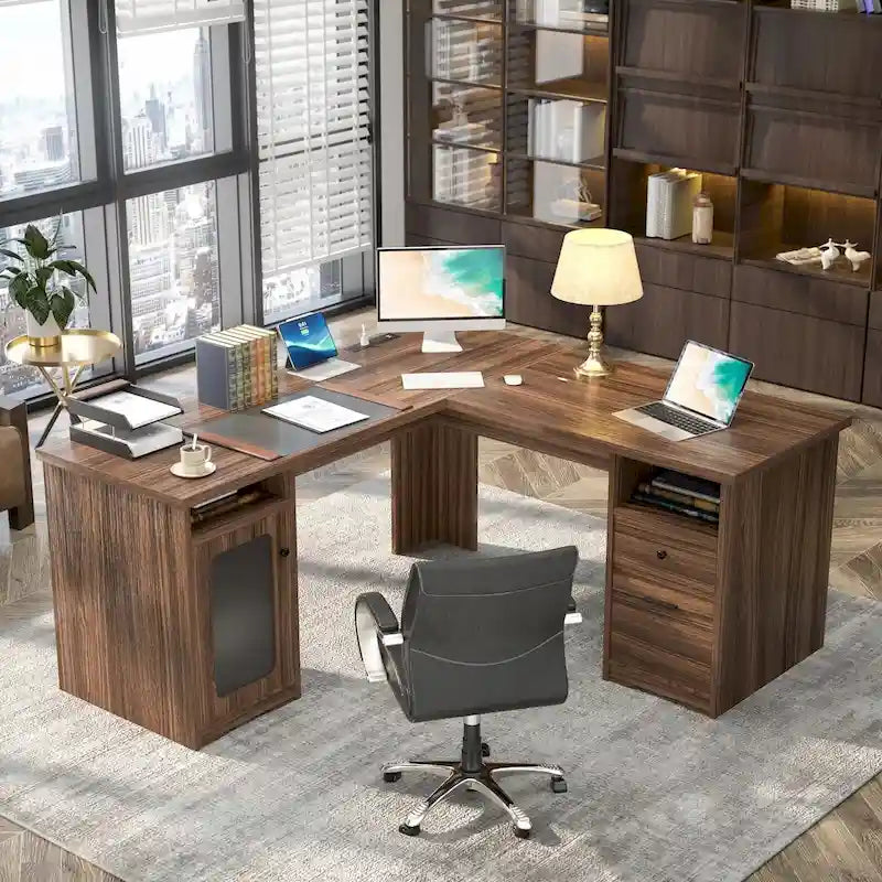 Scrivania a L con contenitore e ricarica – Rovere Grigio / Noce Grigio / Rovere Rosso / Nero / Marrone Rustico / Noce Enoch / Bianco, Singolo