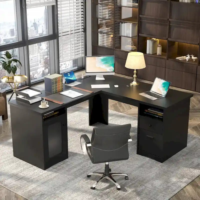 Scrivania a L con contenitore e ricarica – Rovere Grigio / Noce Grigio / Rovere Rosso / Nero / Marrone Rustico / Noce Enoch / Bianco, Singolo