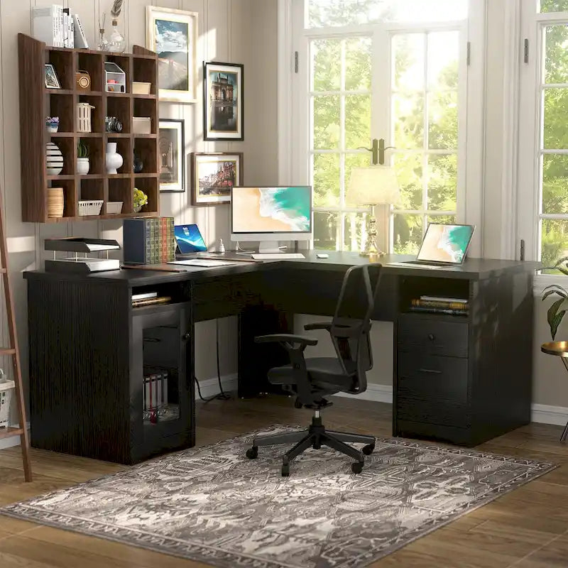 Scrivania a L con contenitore e ricarica – Rovere Grigio / Noce Grigio / Rovere Rosso / Nero / Marrone Rustico / Noce Enoch / Bianco, Singolo