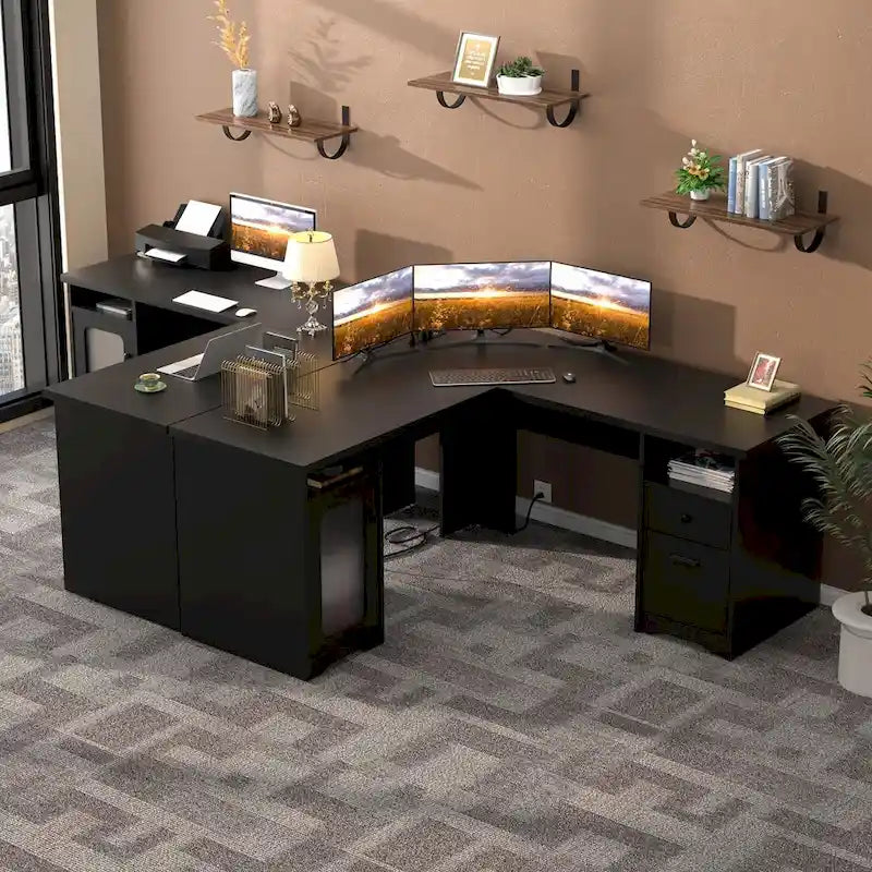 Scrivania a L con contenitore e ricarica – Rovere Grigio / Noce Grigio / Rovere Rosso / Nero / Marrone Rustico / Noce Enoch / Bianco, Singolo