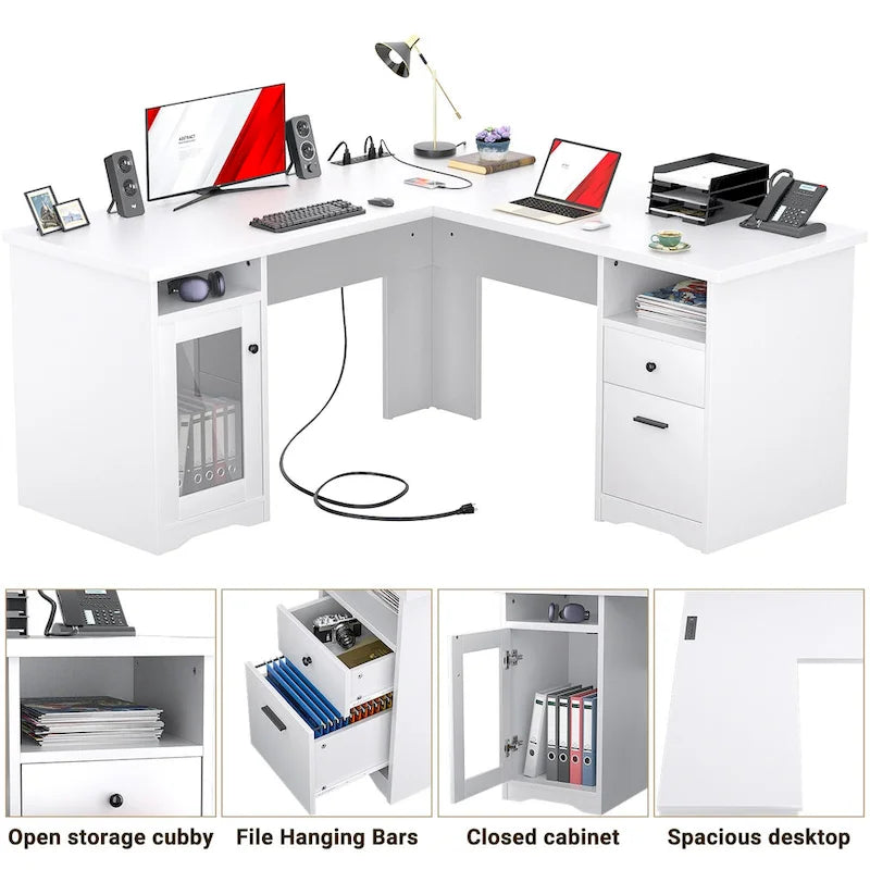 Scrivania a L con contenitore e ricarica – Rovere Grigio / Noce Grigio / Rovere Rosso / Nero / Marrone Rustico / Noce Enoch / Bianco, Singolo