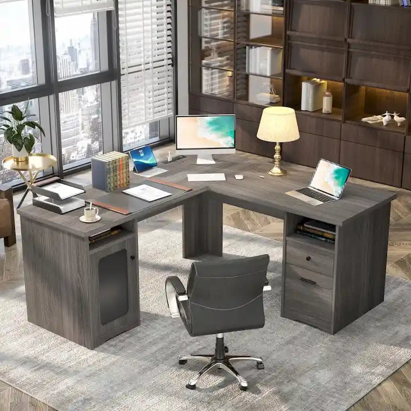Scrivania a L con contenitore e ricarica – Rovere Grigio / Noce Grigio / Rovere Rosso / Nero / Marrone Rustico / Noce Enoch / Bianco, Singolo