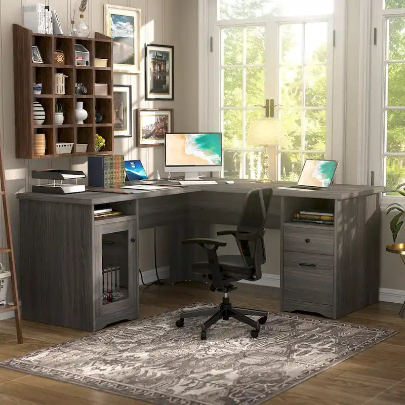 Scrivania a L con contenitore e ricarica – Rovere Grigio / Noce Grigio / Rovere Rosso / Nero / Marrone Rustico / Noce Enoch / Bianco, Singolo