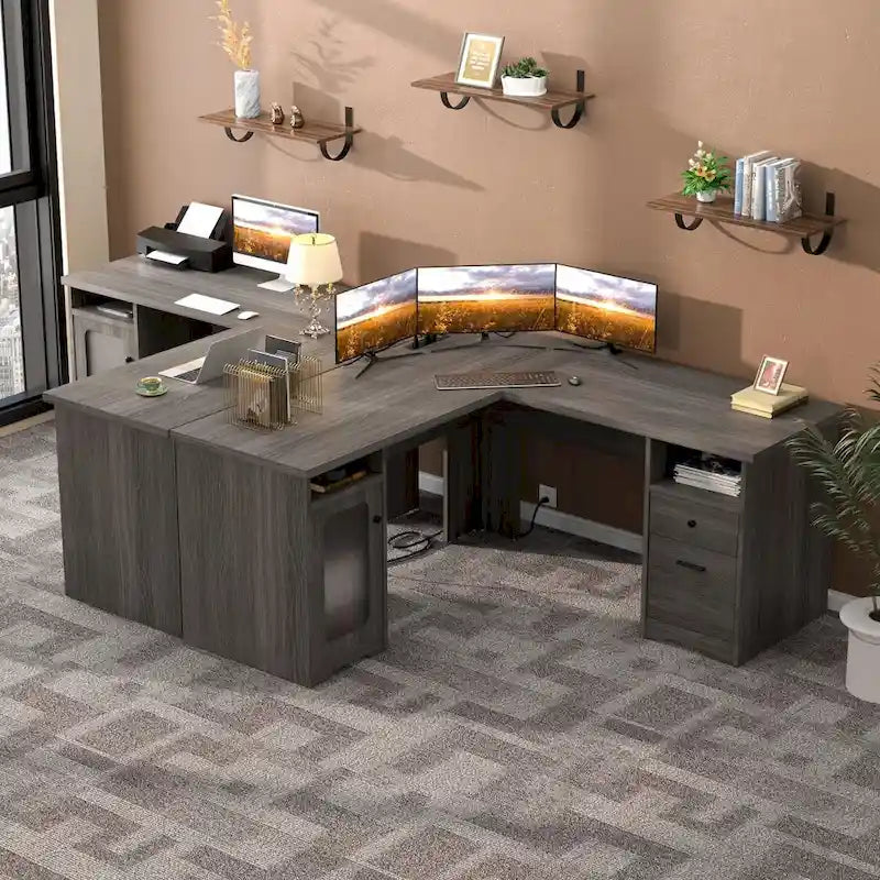 Scrivania a L con contenitore e ricarica – Rovere Grigio / Noce Grigio / Rovere Rosso / Nero / Marrone Rustico / Noce Enoch / Bianco, Singolo