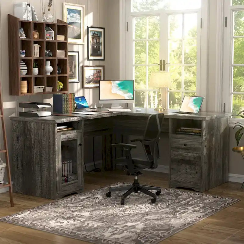 Scrivania a L con contenitore e ricarica – Rovere Grigio / Noce Grigio / Rovere Rosso / Nero / Marrone Rustico / Noce Enoch / Bianco, Singolo