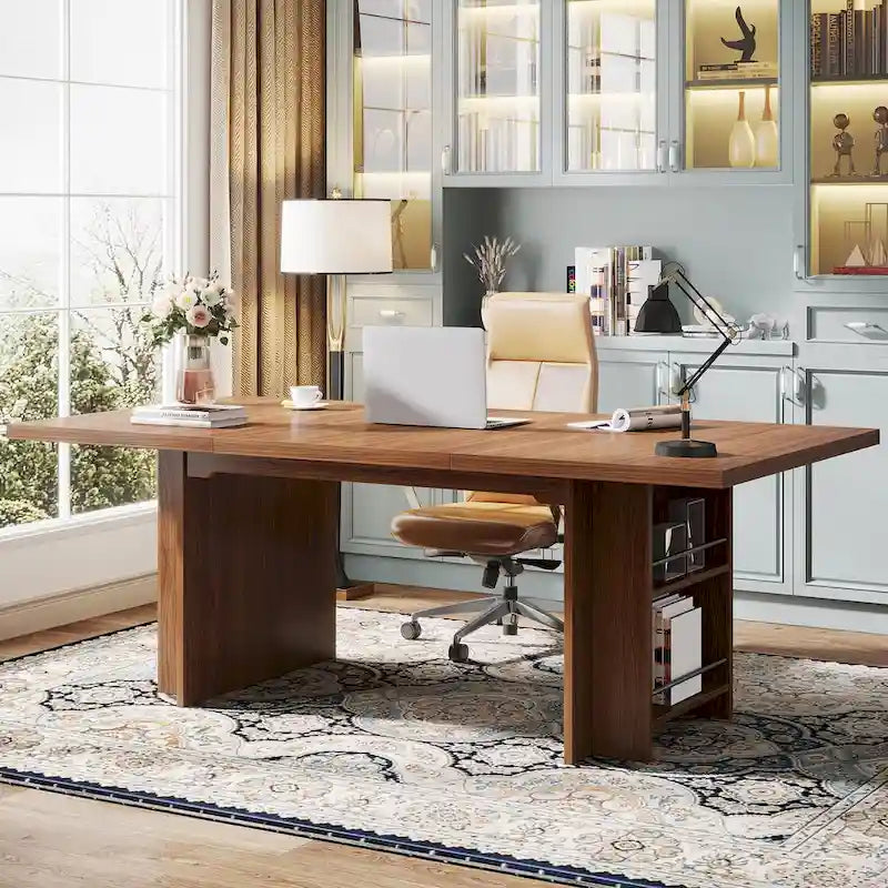 Scrivania Vintage Marrone da 160 cm con Ripiani Laterali, Singola